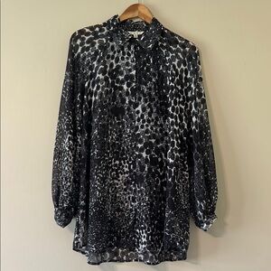 CAbi White Black Polka Dot Button Down Blouse Top Long Sleeve Medium Semi Sheer